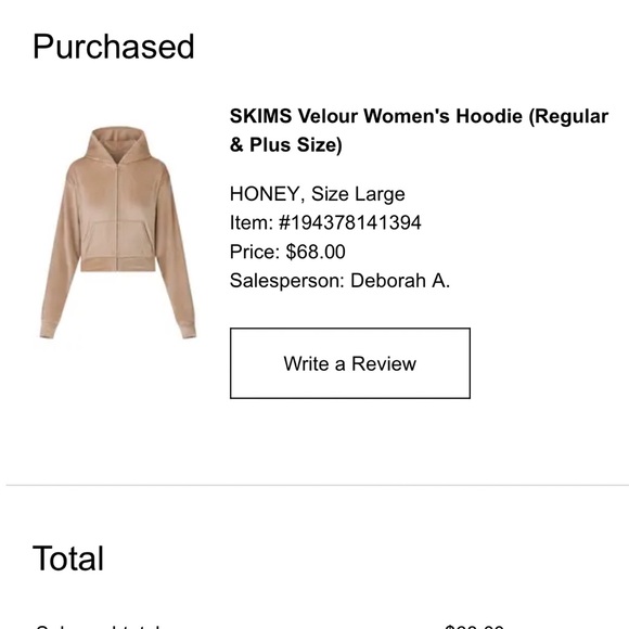 Women's SKIMS Velour Hoodie Size L color Honey.  Like new wore one hour. - Picture 6 of 6